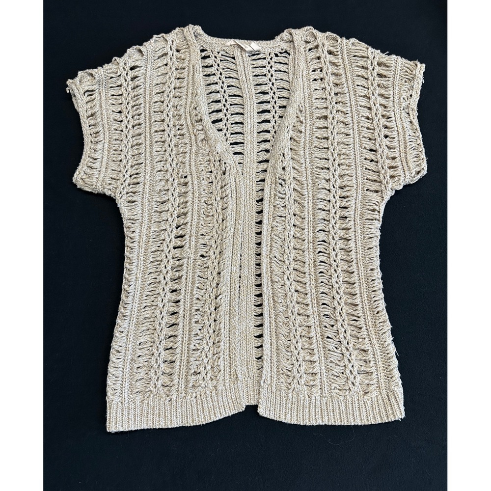 Soft Surroundings Tan Crochet Open Front Knit Cardigan Short Sleeve 2CB65 S/M